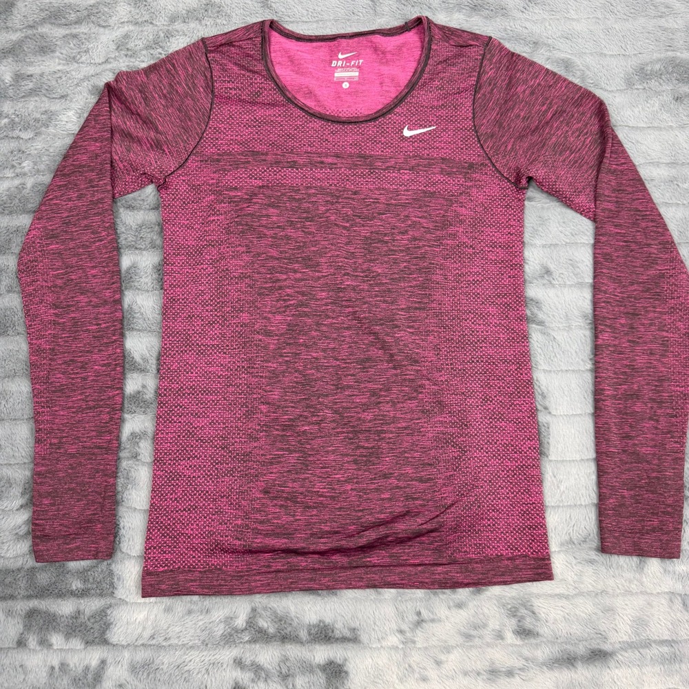 Nike Dri-FIT Women Small Magenta Pink Black Space Dye Long Sleeve Running Top